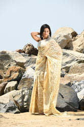 Jash-e-Jal' Tussar Beige Pure Resham Cotton Silk Banarasi Handloom Saree